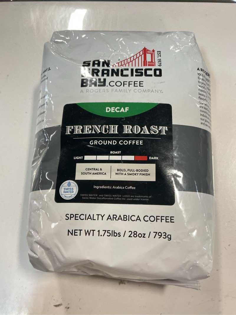 Condition photo showing New/Like New for (Best Before:30/Apr/2026) San Francisco Bay Coffee Coffee DECAF French Roast Ground Coffee, 28 oz Bag, Dark Roast, Swiss Water Process Decaffeinated Decaf French Roast 28 Ounce (Pack of 1)