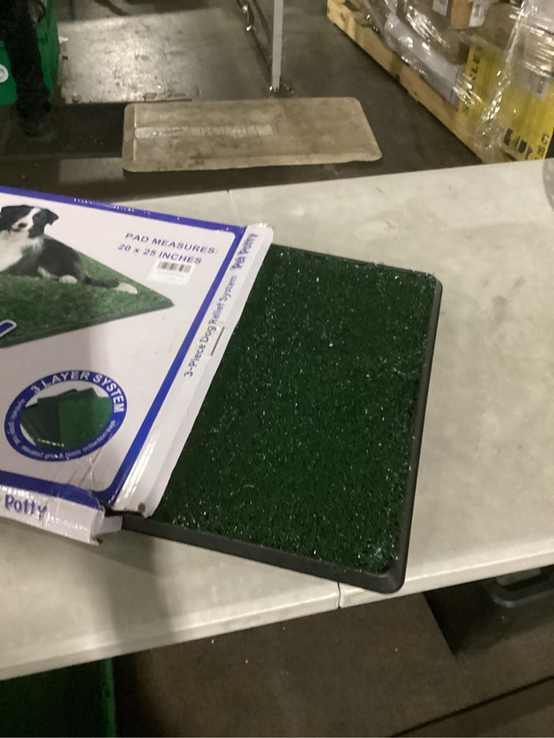Condition photo showing Good Condition for dog grass pad with tray 25"x20" - artificial turf pet potty for apartment balcony/patio, portable fake grass litter box for dogs training, indoor/outdoor reusable washable pee mat 25"×20"
