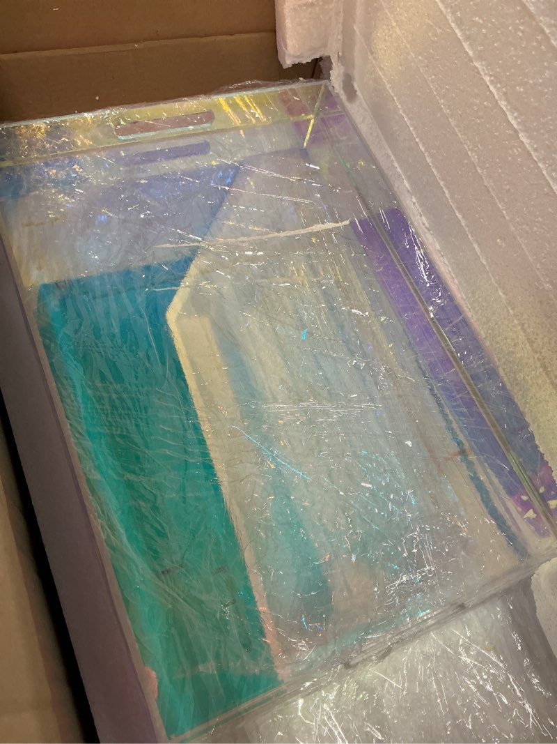 Condition photo showing Good Condition for acrylic folding tray table, rainbow color acrylic coffee table, iridescent side table modern accent square end table for coffee, drink, food, snack for living room & bedroom colorful acrylic table