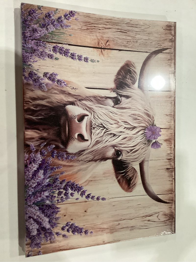 Condition photo showing New/Like New for Highland Cow Canvas Wall Art, Highland Cow and Purple Lavenders on Wooden Background Poster Painting Rustic Farmhouse Animal Picture Print for Bathroom Living Room Decor(Artwork-02, 24"x16") Cow Art 02 24"L x 16"W