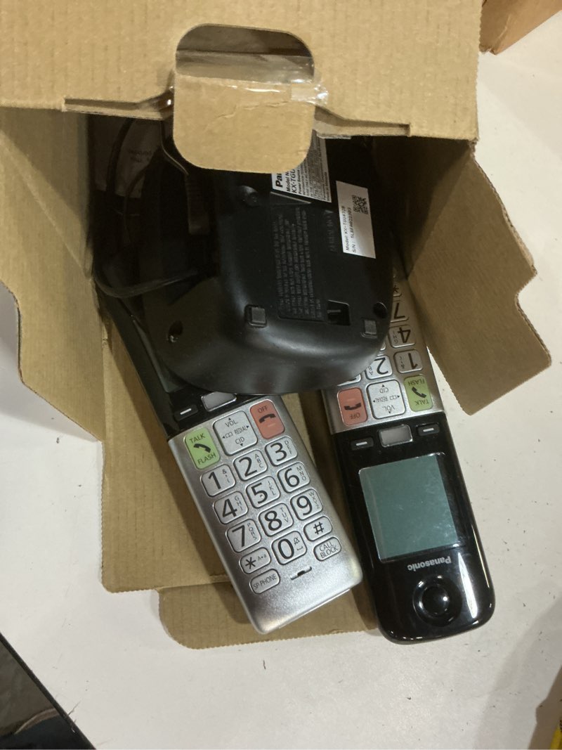 Condition photo showing As Is for panasonic cordless phone, easy to use with large display & big buttons, flashing favorites key, flashlight, call block, volume boost, talking caller id, house phones, 2 cordless handsets - kx-tgu432b black 2 handsets