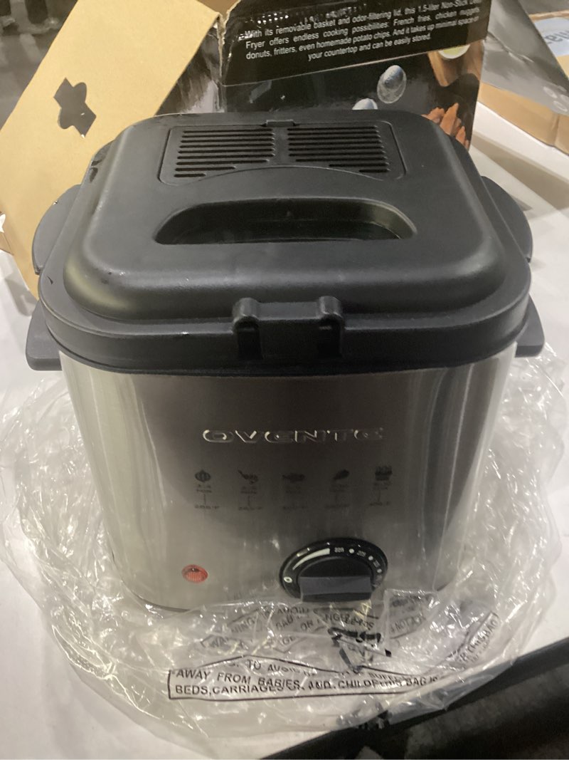 Condition photo showing New/Like New for ovente electric deep fryer, 1.5l capacity, 800w with adjustable temperature, viewing window lid, removable frying basket & cool-touch handles, stainless steel countertop fryer, silver fdm1501br fdm1501br - silver