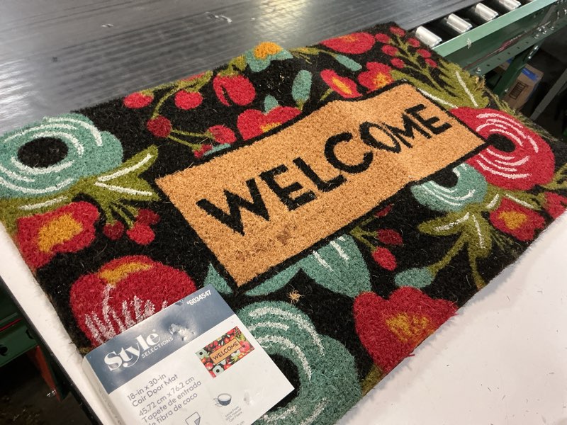 Condition photo showing As Is for  style selections 18-in x 30-in natural printed coir non-slip grip indoor or outdoor door mat
