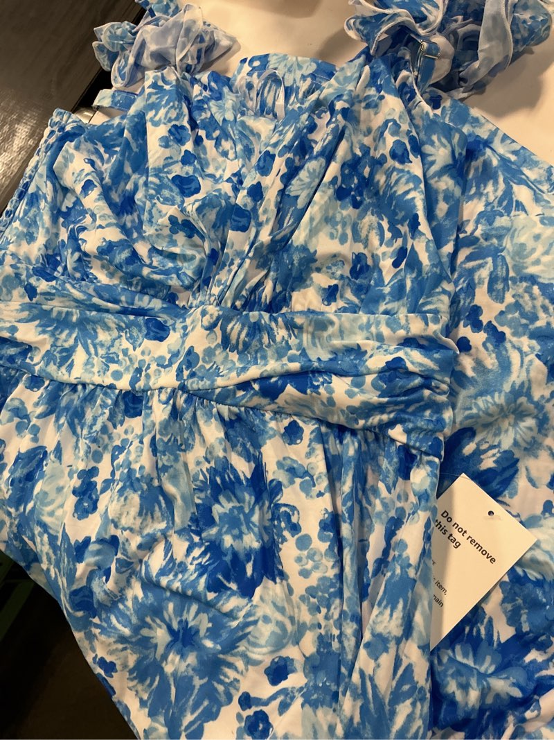 Condition photo showing New/Like New for grace karin 2026 women's summer floral print dress sleeveless casual flowy sundress a line ruffle wedding guest outfit blue floral x-large