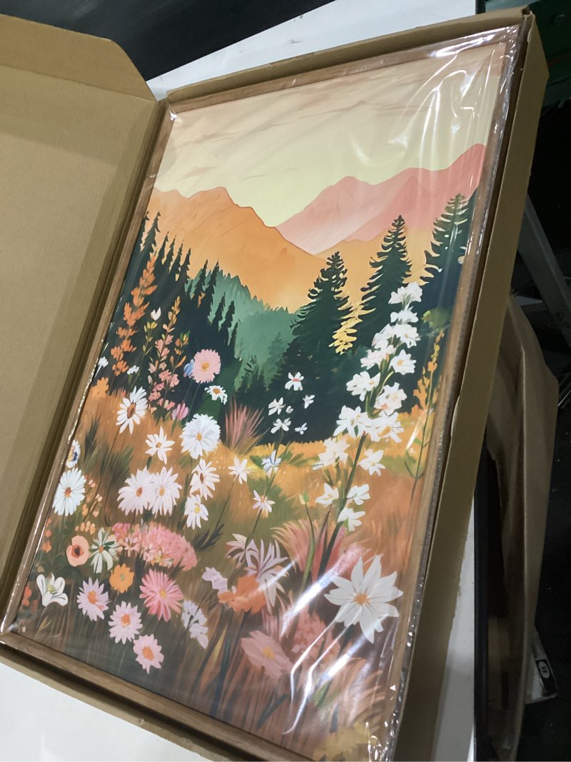 Condition photo showing New/Like New for tinonedraw large boho mountain framed canvas wall art set of 3, colorful wildflower daisy flowers wall decor, bohemian floral forest scenery artwork, modern nature landscape art prints for bedroom living room office 16"x24" boho nature flowers 24l" x 16w"