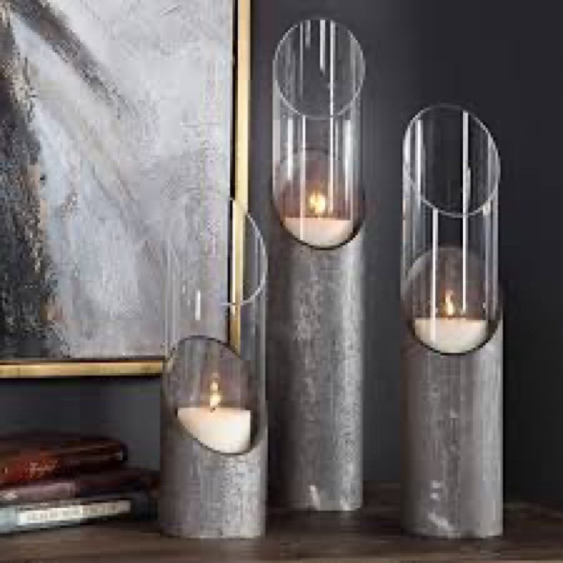 3 peice metal candle holder * incomplete missing 1 clear glass *