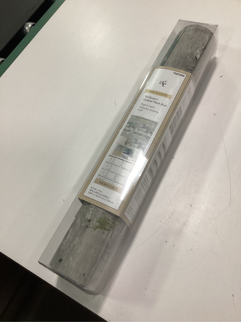 Condition photo showing As Is for allen + roth 18ftx20.5 cm x 0,06 cm Blue Vinyl Wood Self-adhesive Peel and Stick Wallpaper