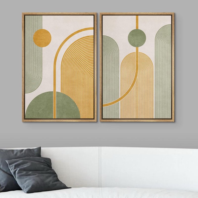 Mid Century Modern Boho Vintage Yellow Green Polygons Abstract Shapes Digital Art Art Calm/Zen On Canvas 6 Pieces Print 36X24
