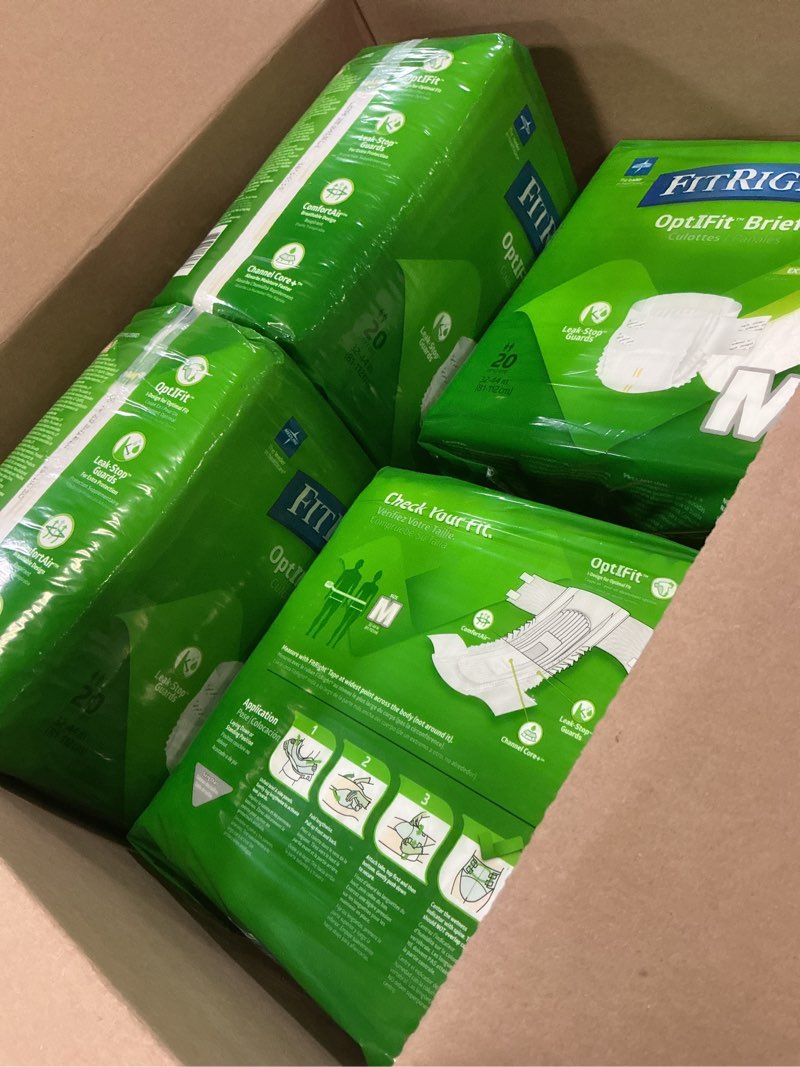 Condition photo showing New/Like New for fitright adult diapers, extra+ heavy absorbency, m (waist size 32in-44in), 80 count, optifit incontinence briefs for men and women, disposable, moisture-wicking, leak protection, 80 count medium