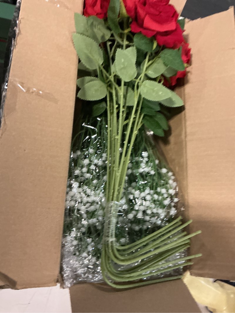 Condition photo showing New/Like New for 20Pcs Babys Breath Artificial Flowers Bulk, 12Pcs Fake Red Roses, DIY Wedding Flowers Bouquet, Realistic Faux Silk Flowers for Home Table Decor Red White 32