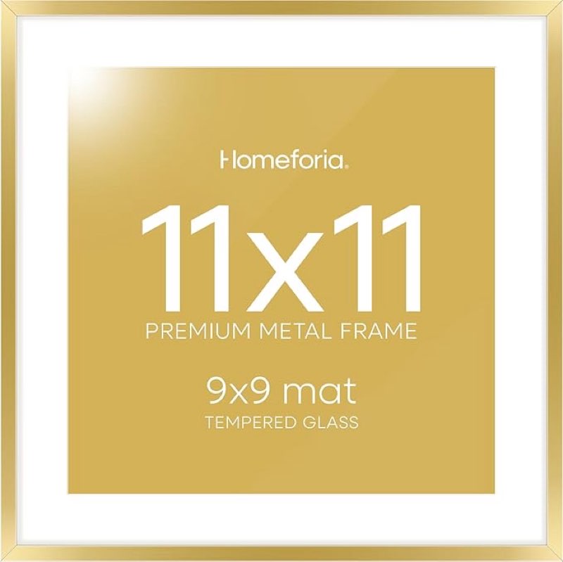 Homeforia 11x11 Picture Frame Gold, High End Metal 11 by 11 Square Frames with Mat 9 x 9 Photo, 11by11 Thin Poster Frame Matted to 9x9 inch Art, Wall Hanging Frames, Tempered Glass, Wall Kit, Set of 1