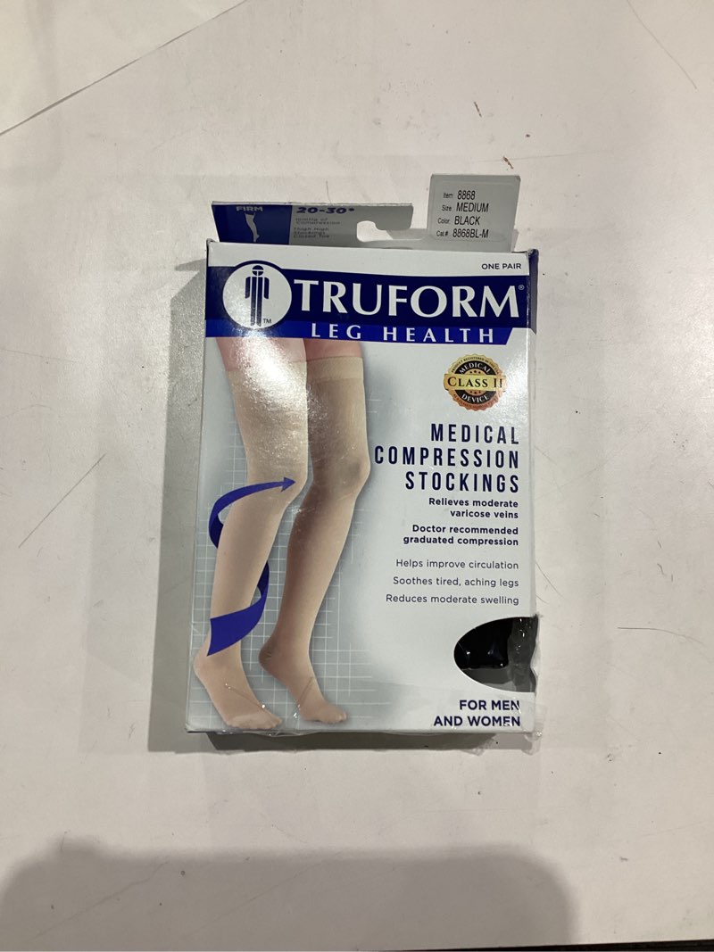 Condition photo showing New/Like New for Truform 20-30 mmHg Compression Stockings for Men and Women, Thigh High Length, Dot Top, Closed Toe, Black, Medium Medium (1 Pair) Black