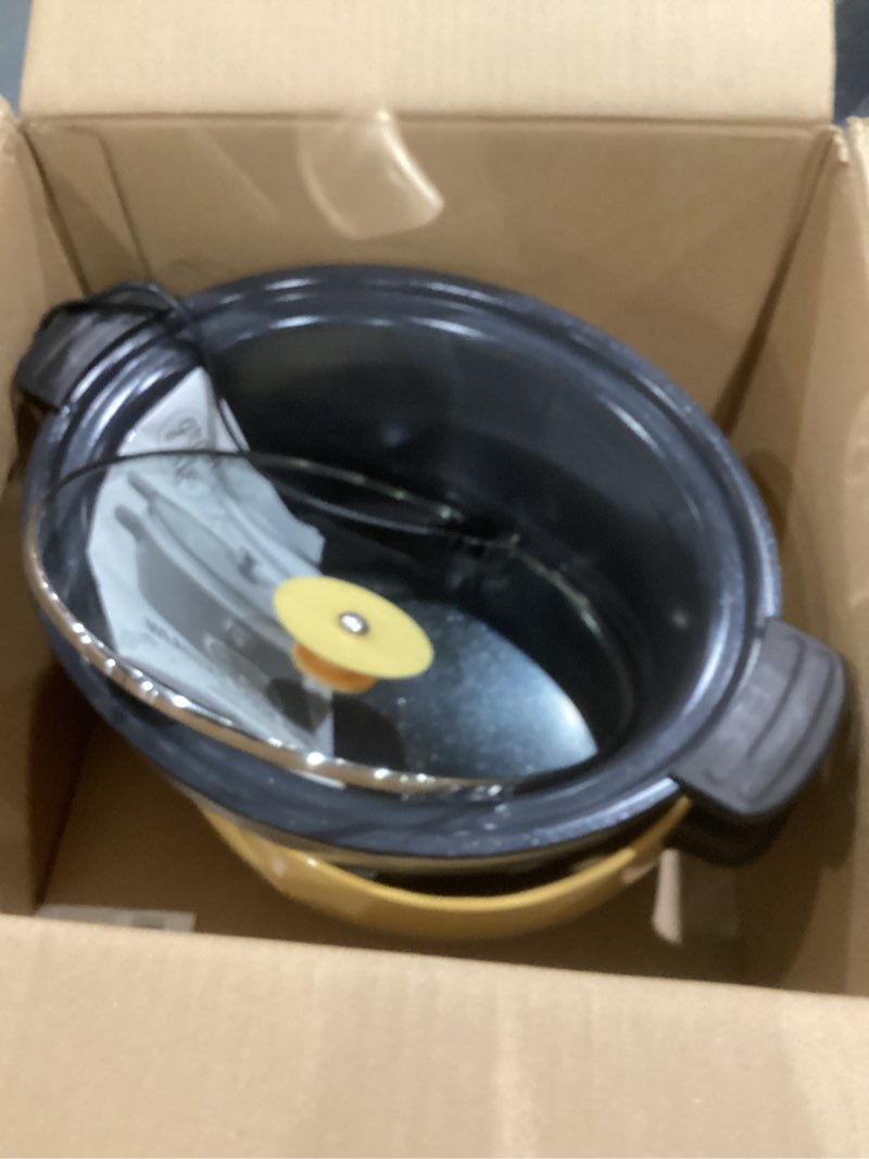 Condition photo showing As Is for greenlife 6qt slow cooker, non-toxic pfas-free ceramic nonstick removable interior bowl, programmable, family friendly, keep warm, stovetop & oven safe, dishwasher safe crock, timer, glass lid, yellow 6 quarts yellow