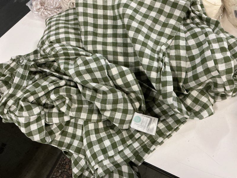 Condition photo showing As Is for quince european linen duvet cover olive gingham, full/queen