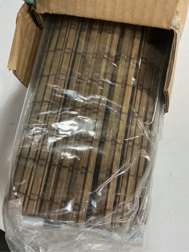 Condition photo showing Good Condition for lazblinds cordless bamboo roman shades, privacy blinds for interior windows, room darkening roll up bamboo blinds for home & patio, 27.5" w x 64" h, highfield teak pricacy - highfield teak 27 1/2" w x 64" h