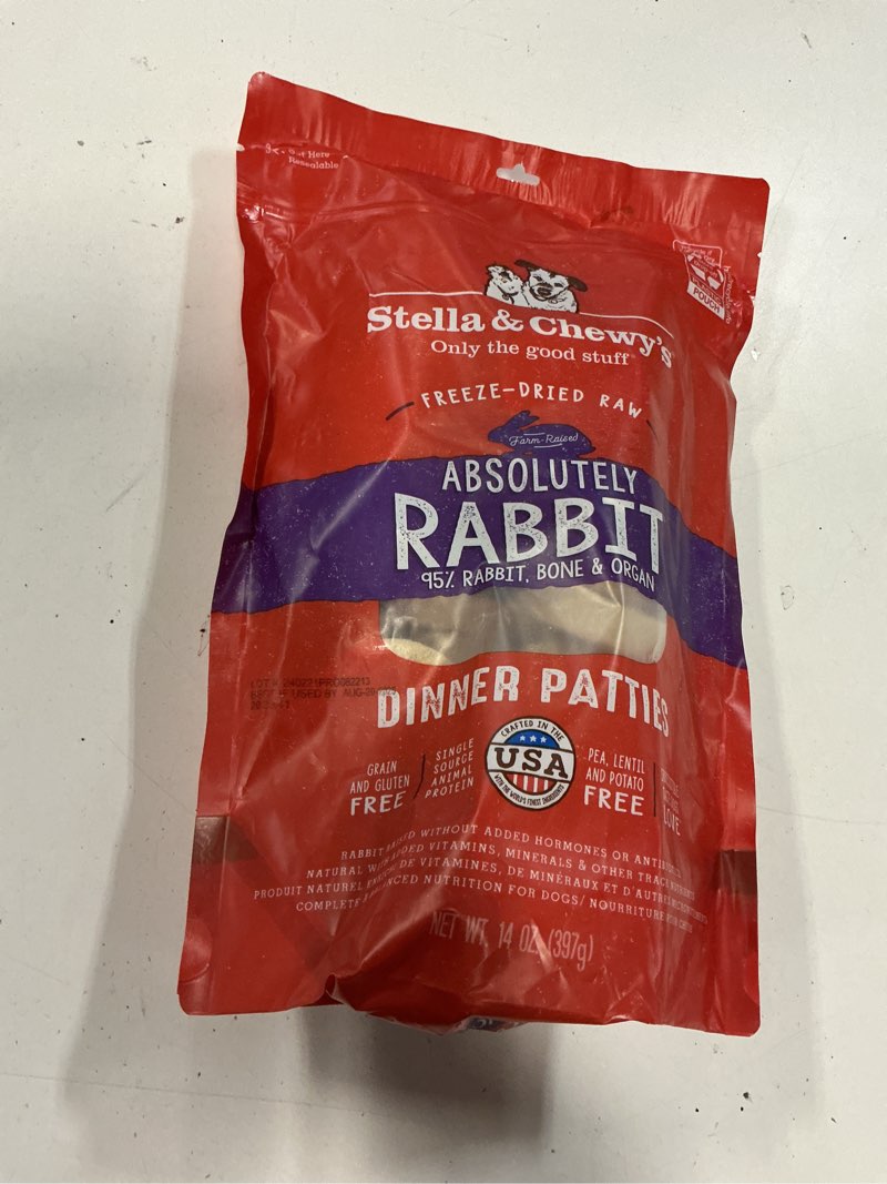 Condition photo showing New/Like New for  (BBD :AUG/20/2025 ) Stella & Chewy's Freeze-Dried Raw Dinner Patties - Absolutely Rabbit Recipe - High Protein Grain-Free Puppy & Dog Food - Perfect For Picky Eaters - 14 oz Absolutely Rabbit 14 Ounce (Pack of 1)