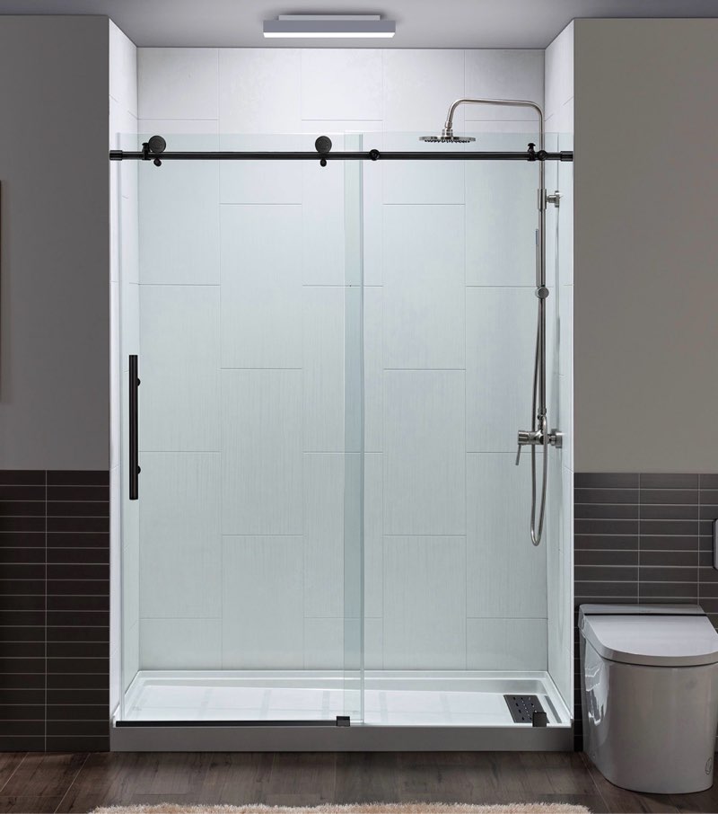 woodbridge frameless single sliding shower door, 56-60" width x 80"height with 5/16"(8mm) clear tempered glass in matte black finish, alpc-6080-mbl