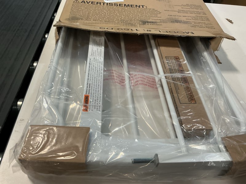 Condition photo showing Good Condition for regalo safety 29-38.5" baby gate for doorways & bottom of stairs, pressure mounted baby gate with door for babies, toddlers & pets, tested & safe for 30 years, american designed, american owned, white white 29-38.5"w x 30"h