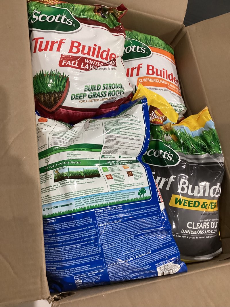 Condition photo showing New/Like New for scotts turf builder 4-bag lawn care bundle for small lawns with halts crabgrass preventer, weed & feed5, summerguard and winterguard 4-bag program