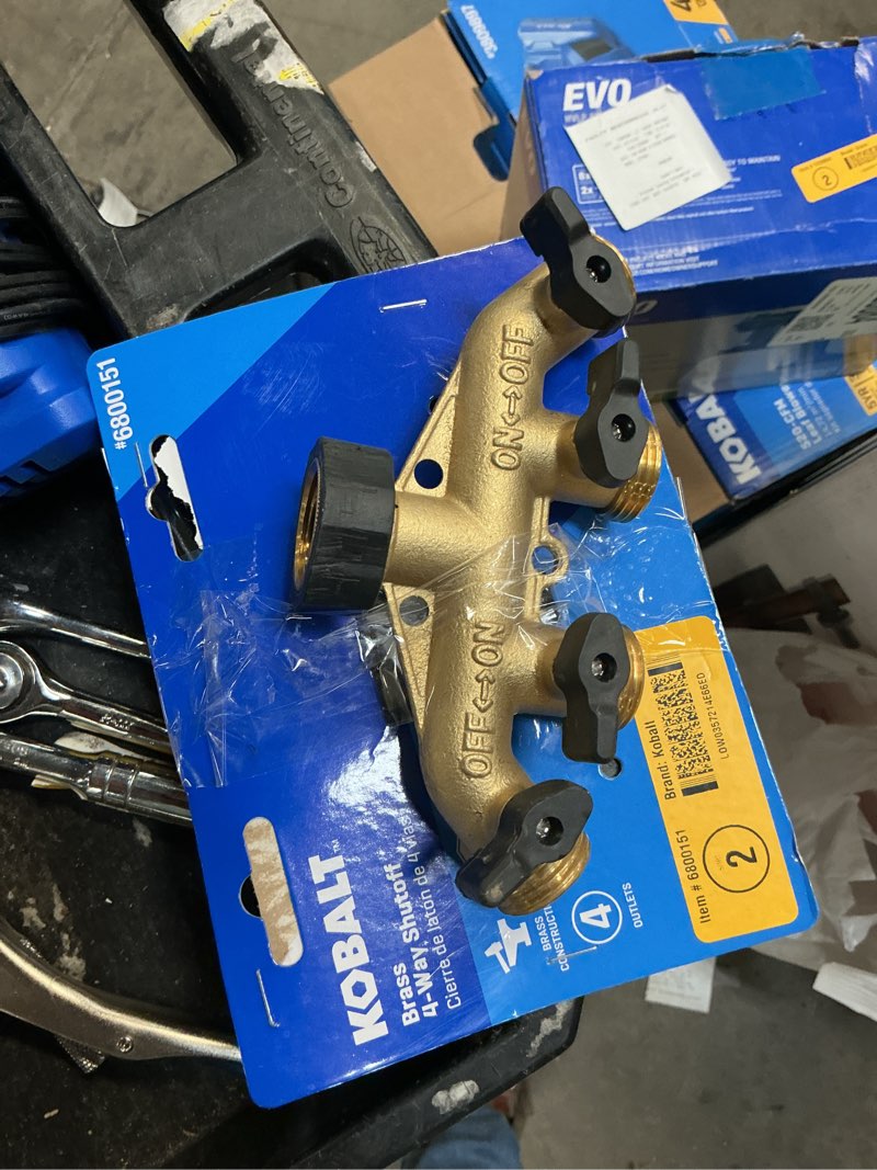 Condition photo showing As Is for kobalt brass 4 -way restricted -flow water shut-off