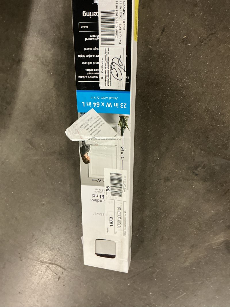 Condition photo showing As Is for mainstays 1" cordless vinyl light filtering blinds, 1-piece, white, 23" w x 64" l