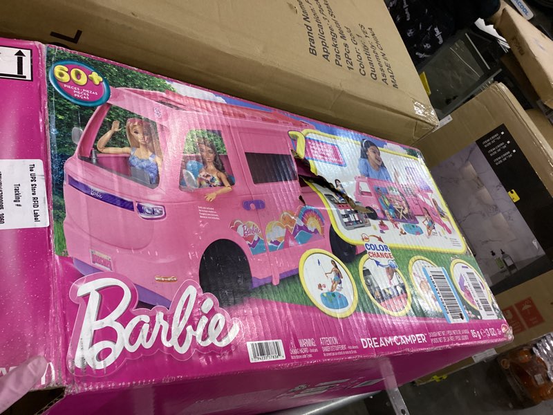 Condition photo showing As Is for Barbie Dream Camper New for 2025 Playset with Roof Tent, Swing Chair, Fishing Pond, BBQ Grill with Color-Change Feature & 60+ Accessories Including Dough