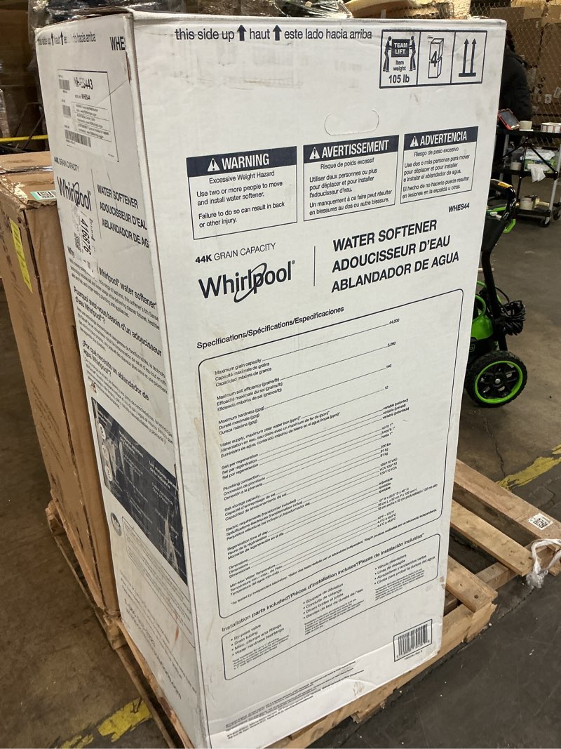 Condition photo showing As Is for whirlpool 44000-grain water softener system