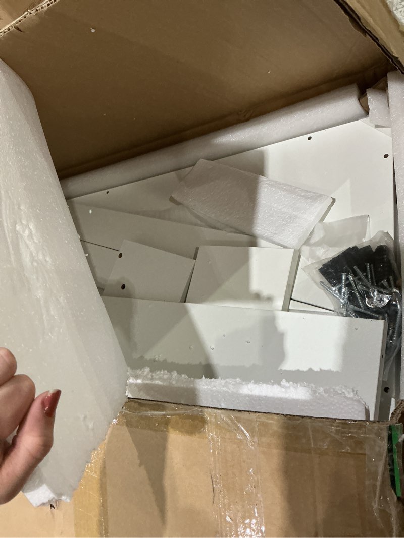 Condition photo showing As Is for 2-tier washer dryer countertop with 2.75" h edge rails, 58" w x 28" d laundry countertop for folding clothes, washer and dryer topper with non-slip pad (white) white plus-2 tier (58"wx28"dx12"h)