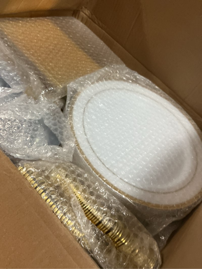 Condition photo showing Good Condition for bucla 600pcs white and gold plastic plates - gold disposable dinnerware set for 100 guests include 100 dinner & 100 dessert plates, 100 cups, 100 forks, 100 spoons, 100 knives for party gold 100 guests without napkins
