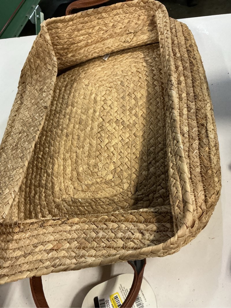 Condition photo showing Good Condition for braided water hyacinth folio basket with faux leather handles - threshold