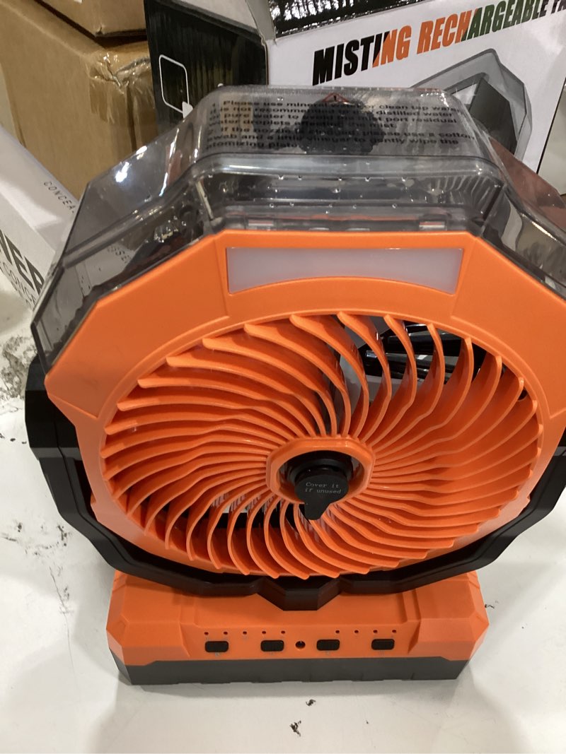 Condition photo showing As Is for 460ml tank portable misting fan,36000mah rechargeable battery powered camping fan with 4 speeds,3 timers,2 light modes,jobsite beach summer essentials,mist fan for indoor outdoor patios travel,orange