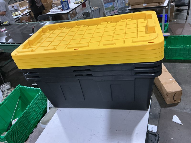 Condition photo showing Good Condition for tough box 27 gal stackable storage totes w/ lids, black and yellow (4 pack)