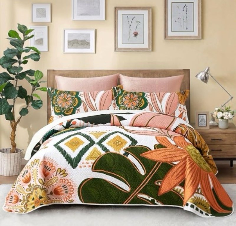 3 piece boho floral full/queen quilt sets farmhouse botanical reversible lightweight bedspread coverlet with 2 shams mid century leaves microfiber bedding quilts set for all season, 90''x96'' blush pearl full/queen