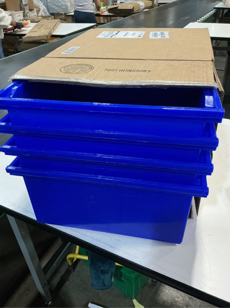 Condition photo showing Good Condition for readyspace plastic containers for organizing and storage bins for closet, kitchen, office, garage or pantry organization, stackable bins, extra large (14.8" x 16.5" x 7"), 4-pack, blue blue extra large, 4-pack