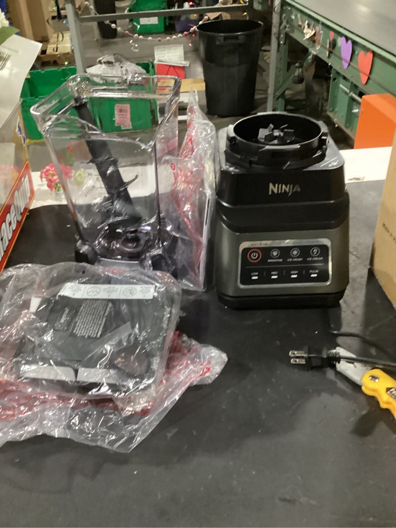 Condition photo showing As Is for ninja professional plus blender | max power smoothie blender, ice cream maker, frozen drink mixer & margarita machine | 3 auto iq™ presets, 1400 w, 72oz total crushing pitcher | dark grey, bn701 72 oz. blender + total crushing pitcher