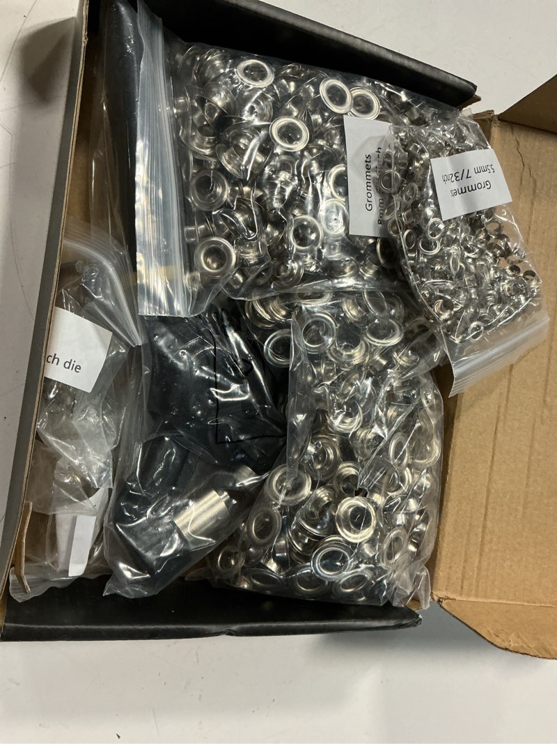 Condition photo showing New/Like New for grommet tool kit, eyelet tool multi-purpose handheld manual hole punch rivet press plier crimper 3 interchangeable dies with 900 set 7/32" 5/16" 3/8" metal grommets washers 3-die set: 7/32", 5/16", 3/8"