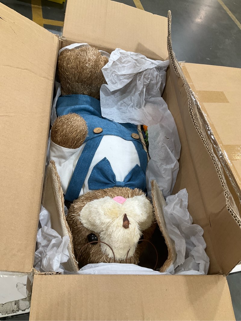 Condition photo showing Good Condition for juegoal easter bunny decor, 32"(2.6ft) large standing sisal rabbit figurine, handmade easter straw mr. bunny statues, cute photo props gifts for farmhouse spring home porch decorations style b