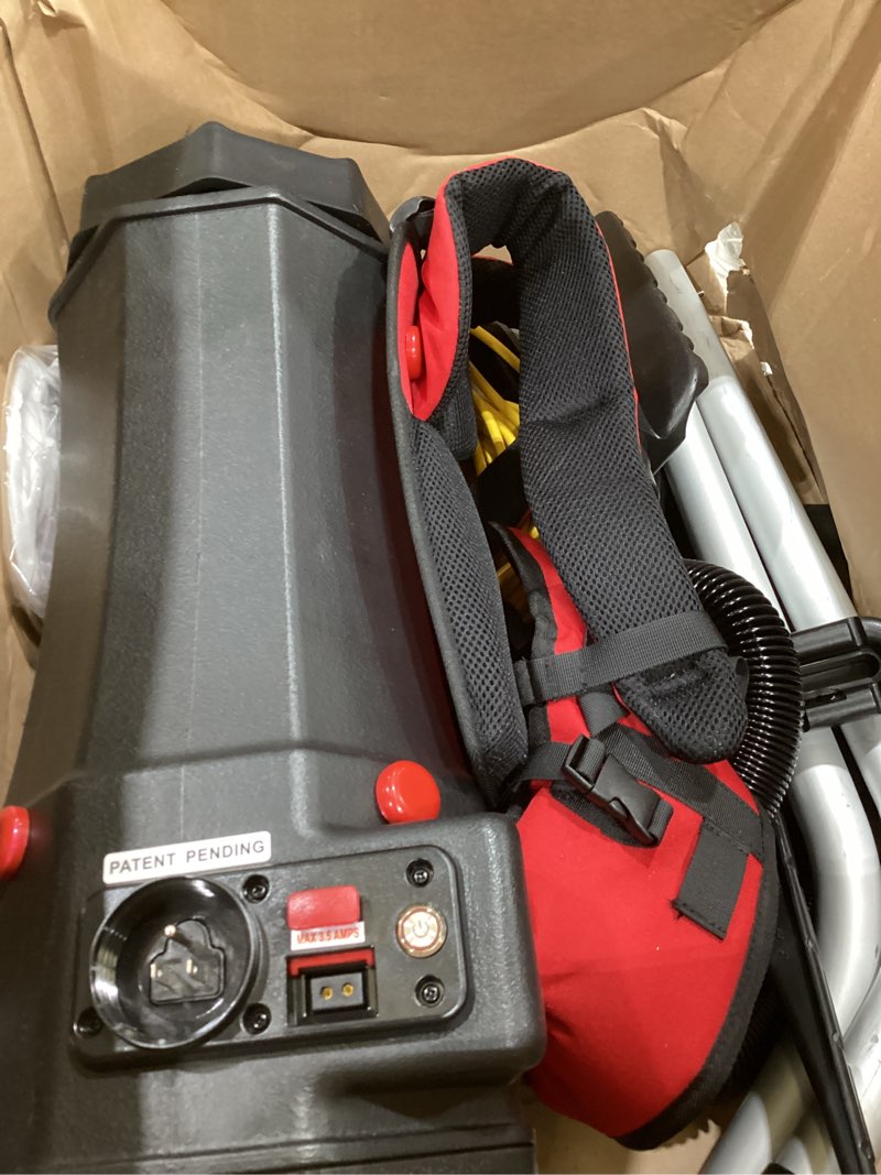 Condition photo showing As Is for cen-tec systems 98768-az 6 qt. hepa commercial backpack vacuum with premium sidewinder attachment set, black