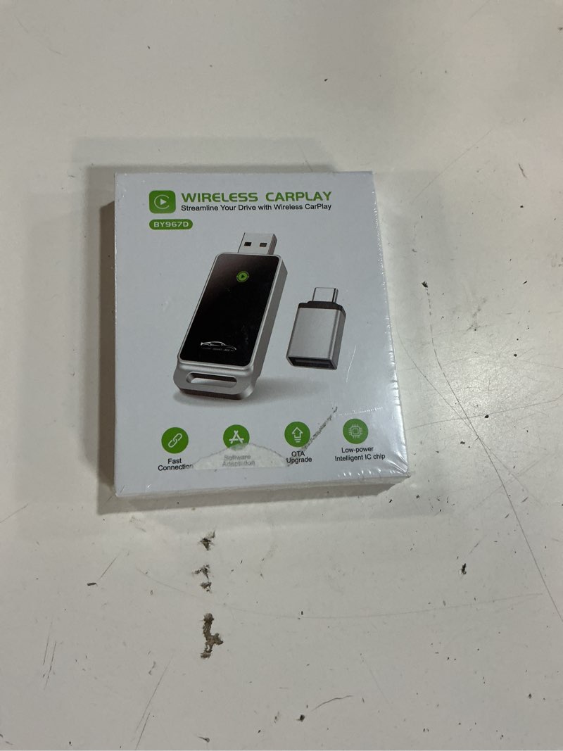 Condition photo showing New/Like New for wireless carplay adapter 2024 upgrade, plug and play, no latency, converts factory wired to wireless, compatible with iphone 6+ and 2015+ cars, bluetooth 2.4ghz and wi-fi 2.4+5.8ghz