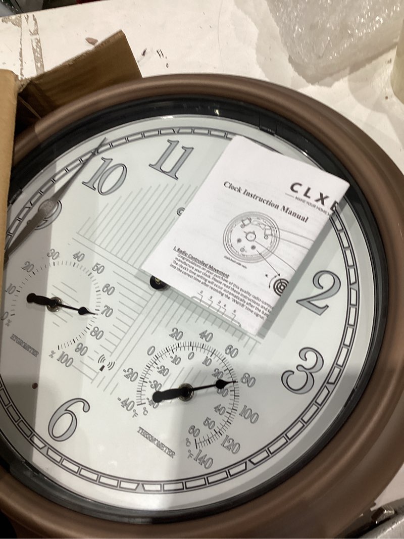 Condition photo showing As Is for clxeast 24 inch led self-illuminated outdoor metal clocks waterproof, large lighted outdoor clock with temperature and humidity,house warming gifts new home,oil rubbed bronze black oil rubbed bronze&arabic number 24"