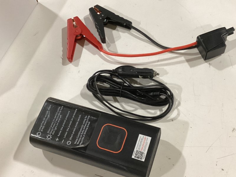 Condition photo showing As Is for jump starter with air compressor, 5000a battery jumper starter portable (9l gas/8l diesel) with 160psi auto-shutoff tire inflator, 12v jump box car battery jump starter with jumper cables, led light glossy black