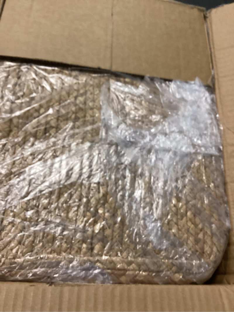 Condition photo showing As Is for Ottoman Foot Stool Rectangular Footrest Natural Seagrass Footstool with Wooden Legs Hand Weave Multifunctional Modern Dressing Stool, Sofa Side Table for Bedroom for Living Room (Black) Square Black 16.5"D x 12"W x 9.5"H