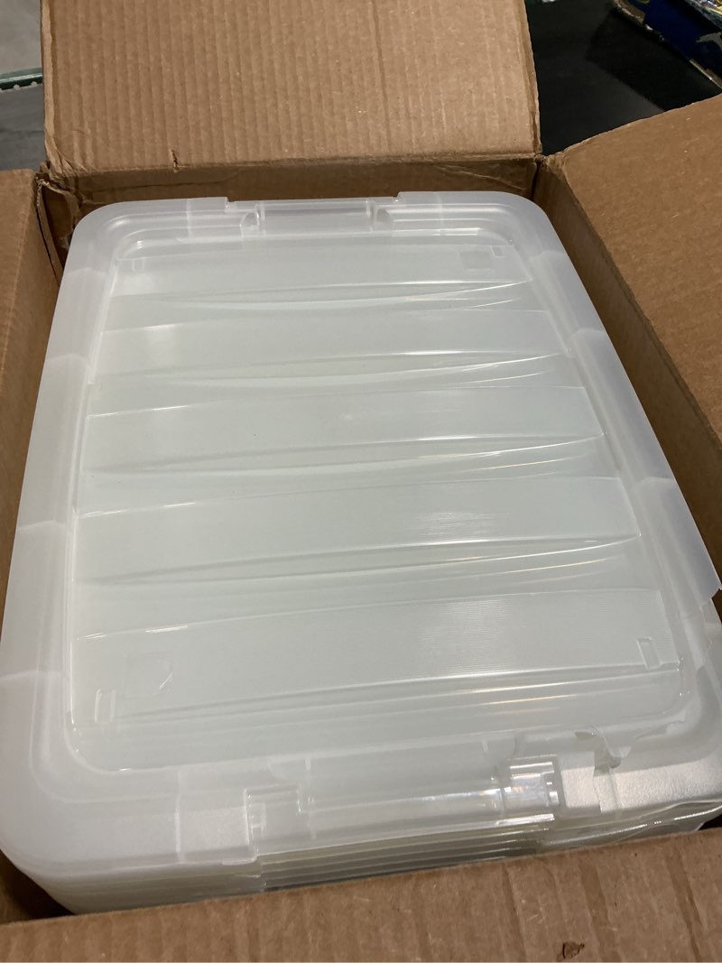 Condition photo showing As Is for iris usa 32 qt plastic storage box with lid and latches - 6 pack - bpa-free, see-through organizing solution, durable nestable stackable containers, secure pull handle - clear clear 32 qt 6 pack