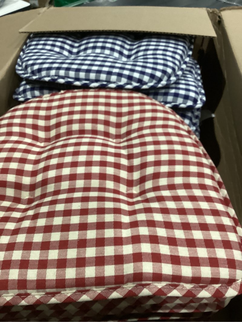 Condition photo showing As Is for Klear Vu Omega Non-Slip Chair Cushions, Assembled in USA, U-Shaped Skid-Proof Seat Pads for Dining Room, Kitchen, Office, 15"x16" 4 Pack Gingham Red 4 Count Gingham Red 4 Pack
