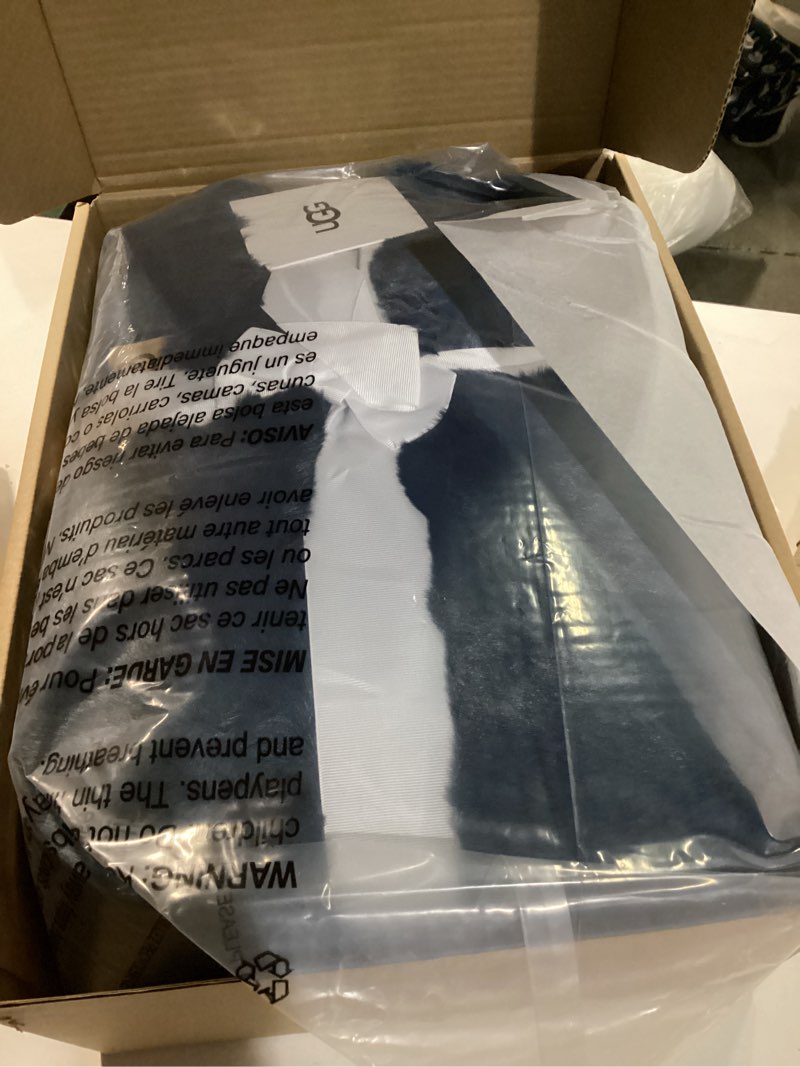 Condition photo showing New/Like New for UGG Euphoria Faux Fur Throw Blanket, Soft Warm Throw Blankets for Couch or Bed, Luxury Bedroom Decor, Giftable Fuzzy Blankets, Machine Washable, 50-inch x 70-inch, Indigo Blue Blue Throw