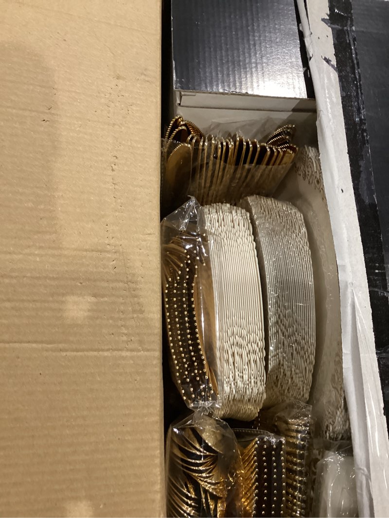 Condition photo showing New/Like New for morejoy 350 pcs lvory plastic plates - lvory gold plastic dinnerware set include 50dinner plates, 50dessert plates 150cutlery, 50cups, 50napkin perfect for party & wedding lvory and gold 350pcs