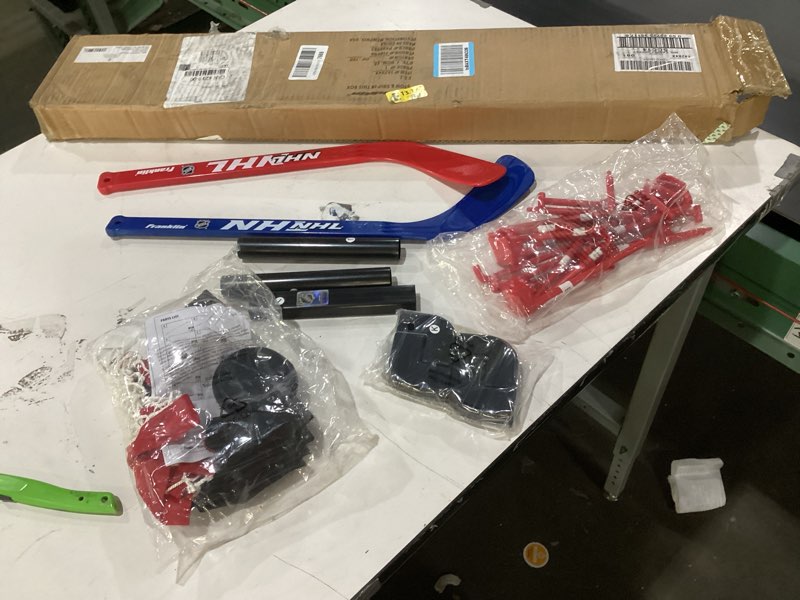 Condition photo showing New/Like New for Franklin Sports Kids Knee Hockey Rink Game Set - Indoor Mini Hockey Goals + Kids Sticks Set for Floor + Rug - Toy Youth Rink Game - 36" x 25.5"