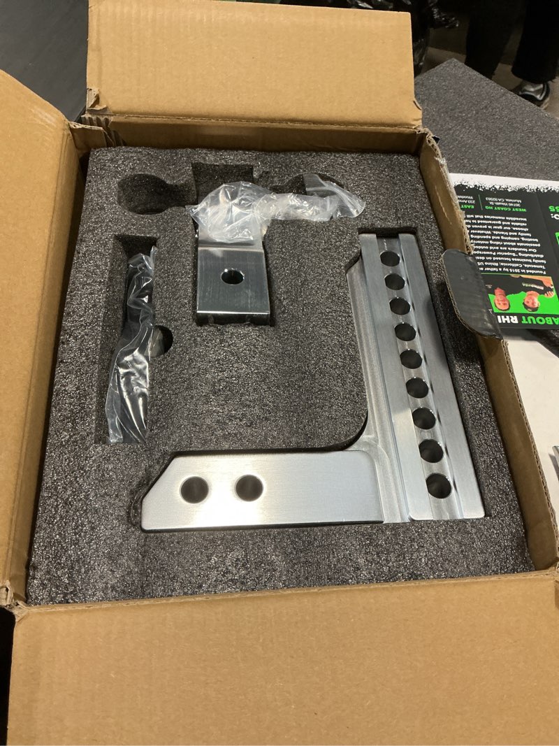 Condition photo showing Good Condition for Rhino USA Adjustable Trailer Hitch (2-Inch Receiver) - Heavy Duty Aluminum Tow Hitches with 8-Inch Drop/Rise for Truck (12,500 LBS GTW) - Weatherproof Double Anti-Theft Locking Hitch Pins (Silver) Brushed Aluminum 2"x8"