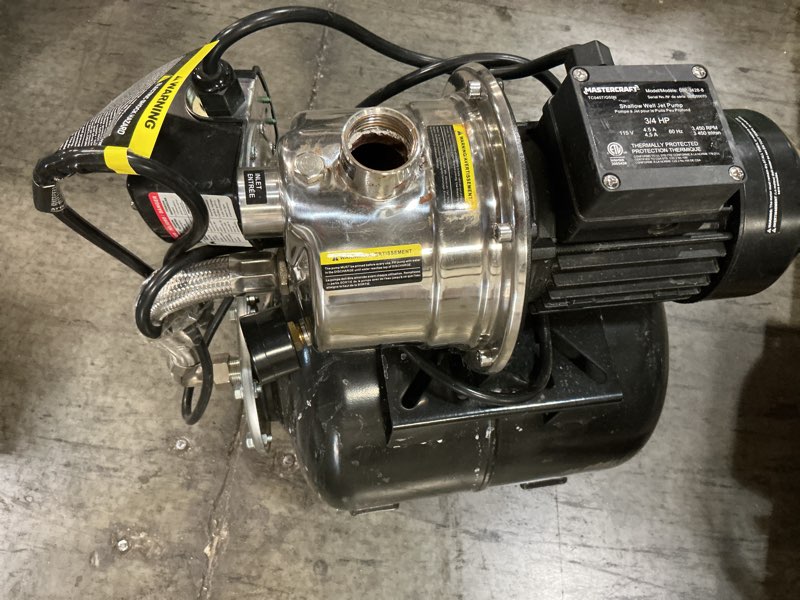 Condition photo showing As Is for mastercraft 3/4 hp stainless steel shallow well jet pump with 5-gallon tank#062-3428-8