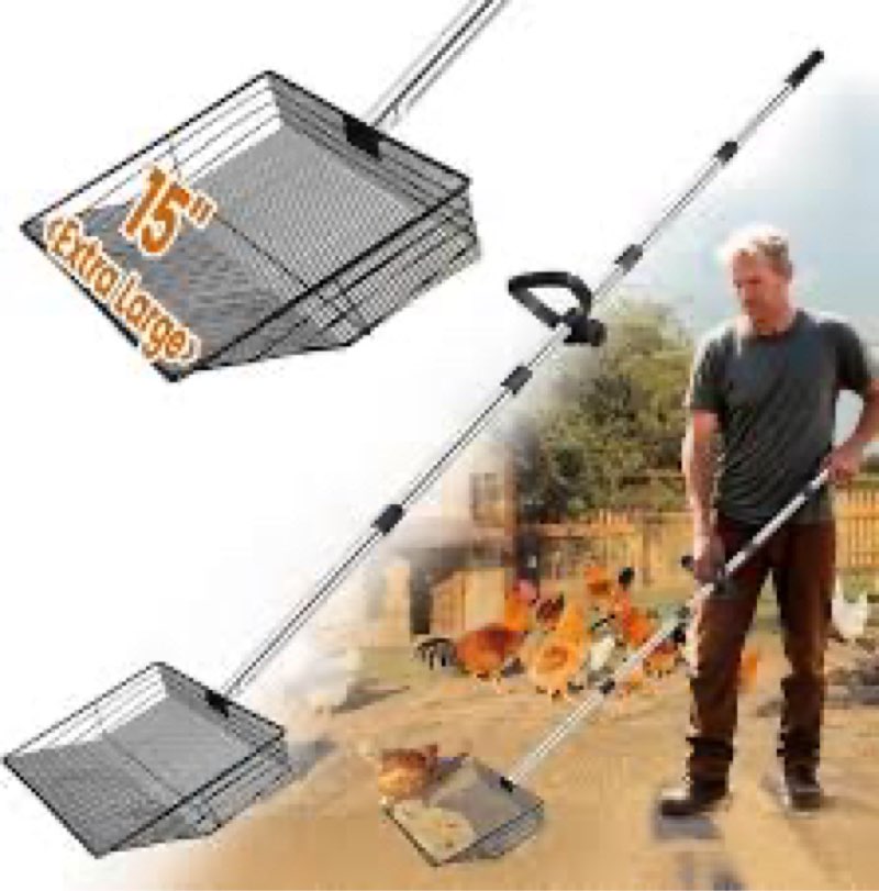 15" Extra-Wide Chicken Poop Scooper with Ergonomic Grip, 25" to 77" Adjustable Chicken Coop Pooper S